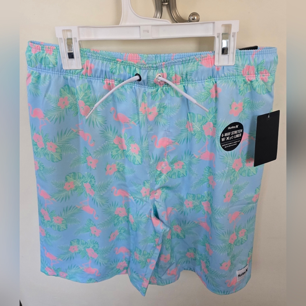Hurley Boy's Light Blue Flamingo Floral Swim Trunks